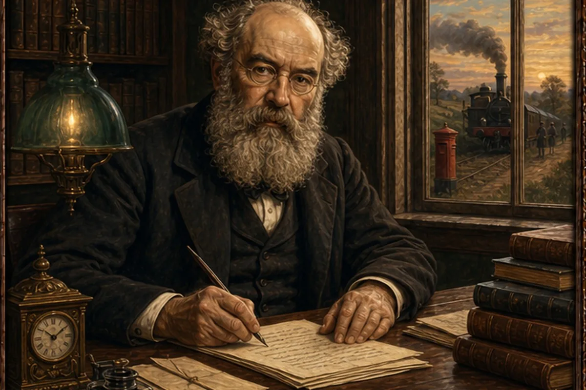 Anthony Trollope writing by lamplight before dawn, a brass clock on the desk beside the manuscript and a mail train passing the window