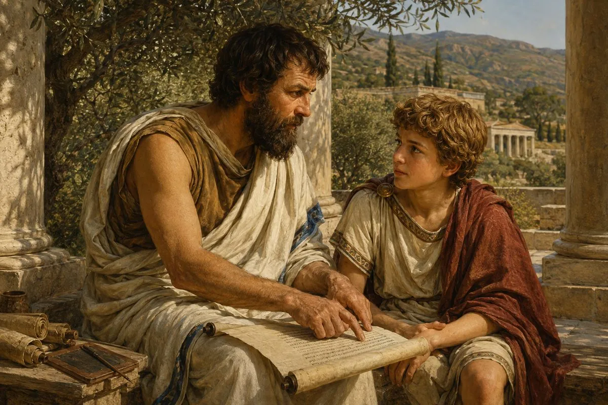 Aristotle teaching the young Alexander beneath the olive trees at Mieza, a scroll open between them and the Macedonian hills beyond
