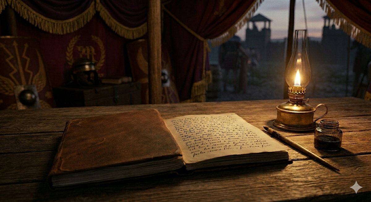 An open journal by oil lamp light in a military campaign tent, evoking Marcus Aurelius writing the Meditations
