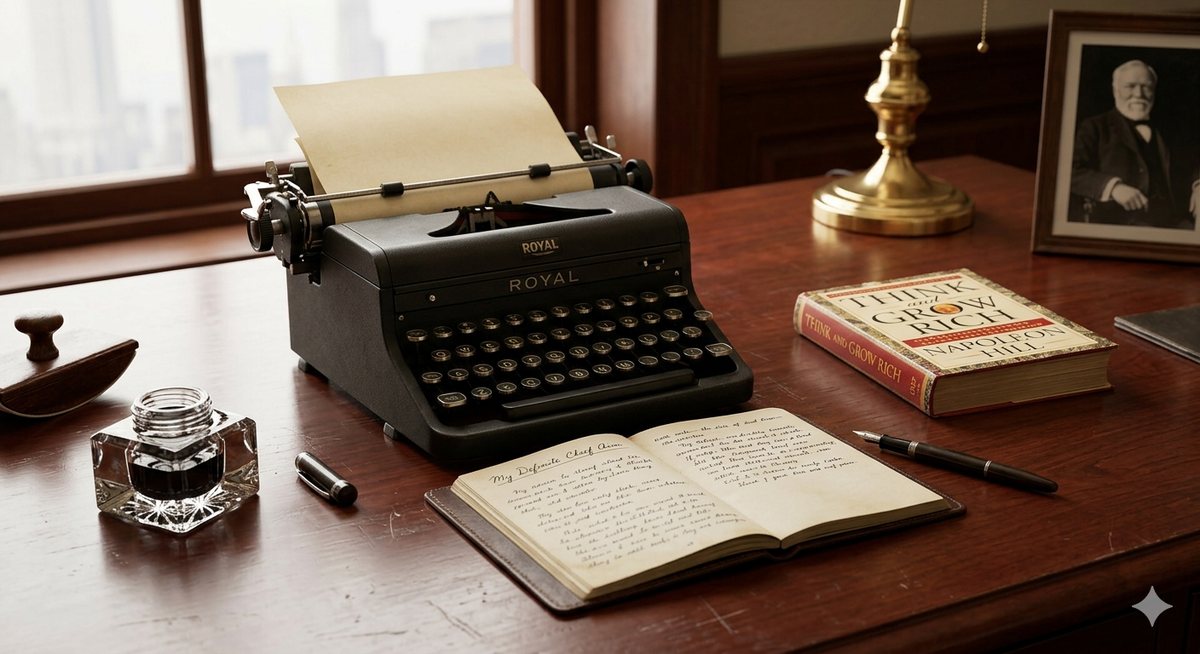 A vintage typewriter, open journal, and copy of Think and Grow Rich on a writing desk