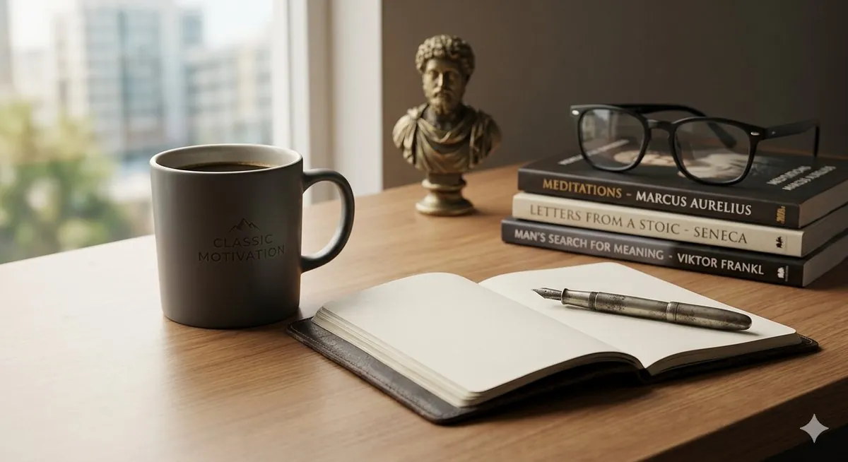 A desk with Marcus Aurelius bust, open journal, and Stoic philosophy books