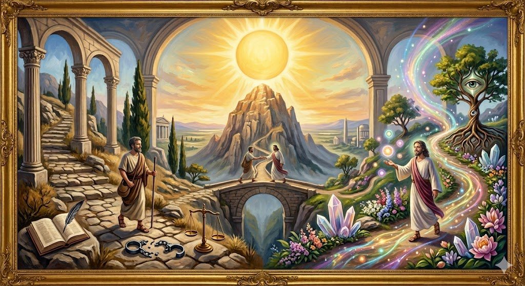 Two paths leading to the same mountain — the Stoic path on the left, the New Age path on the right, both converging at the summit